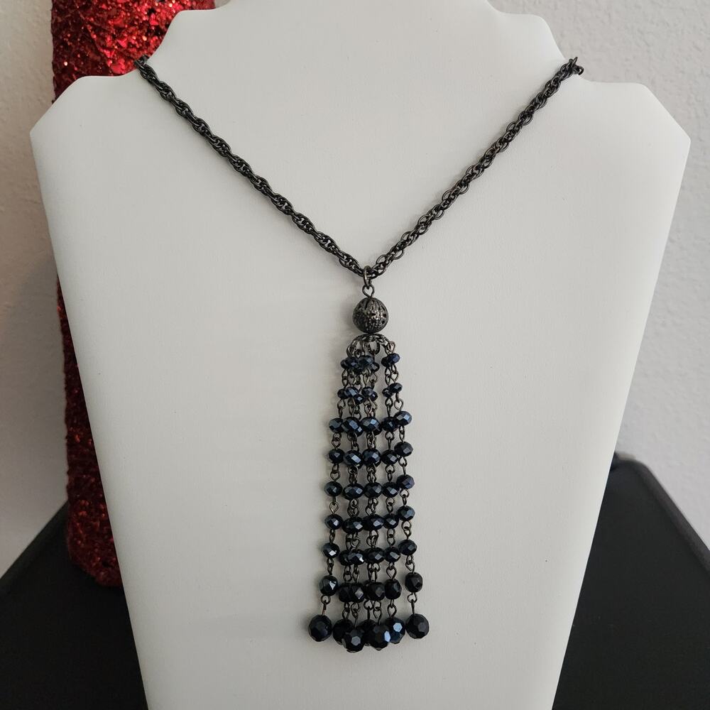 Black Sparkly Beaded Tassel Necklace 38" Long Chain Dark Tone Metal Beads